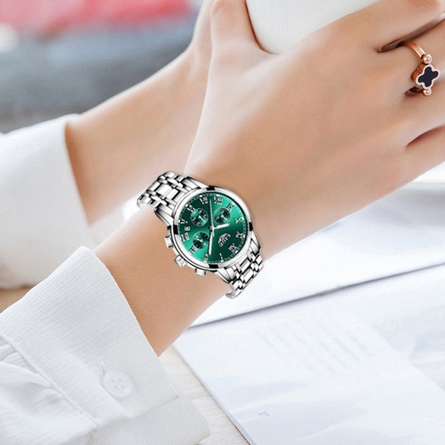 Ladies Watches Top Brand Luxury Fashion Stainless Steel Watch Women Chronograph Quartz Clock Waterproof Wristwatch silver green, China