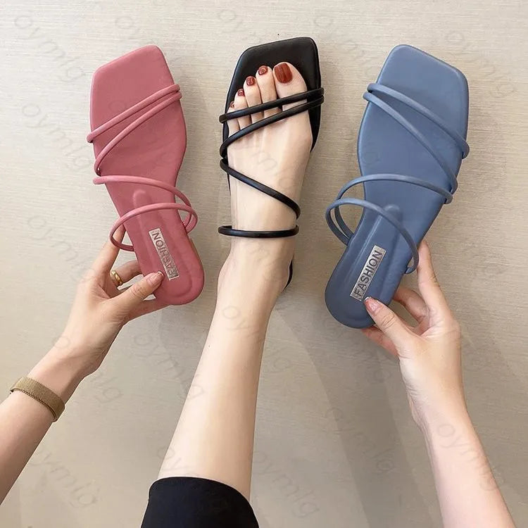 Slippers women summer Korean version new square-toe flat-heel candy color fashion outer wear sandals slippers