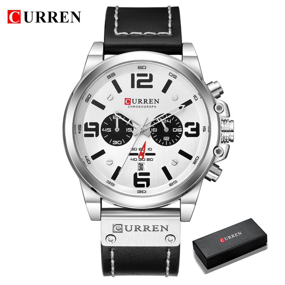 Men Watches Top Luxury Brand Waterproof Sport Wrist Watch Chronograph Quartz Military Genuine Leather Relogio Masculino silver white-box