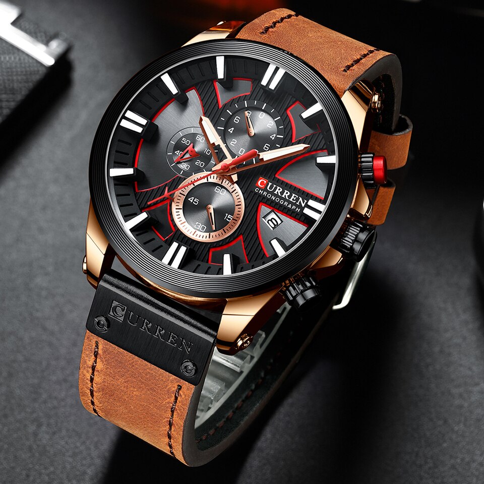 Watch Chronograph Sport Mens Watches Quartz Clock Leather Male Wristwatch Relogio Masculino Fashion Gift for Men