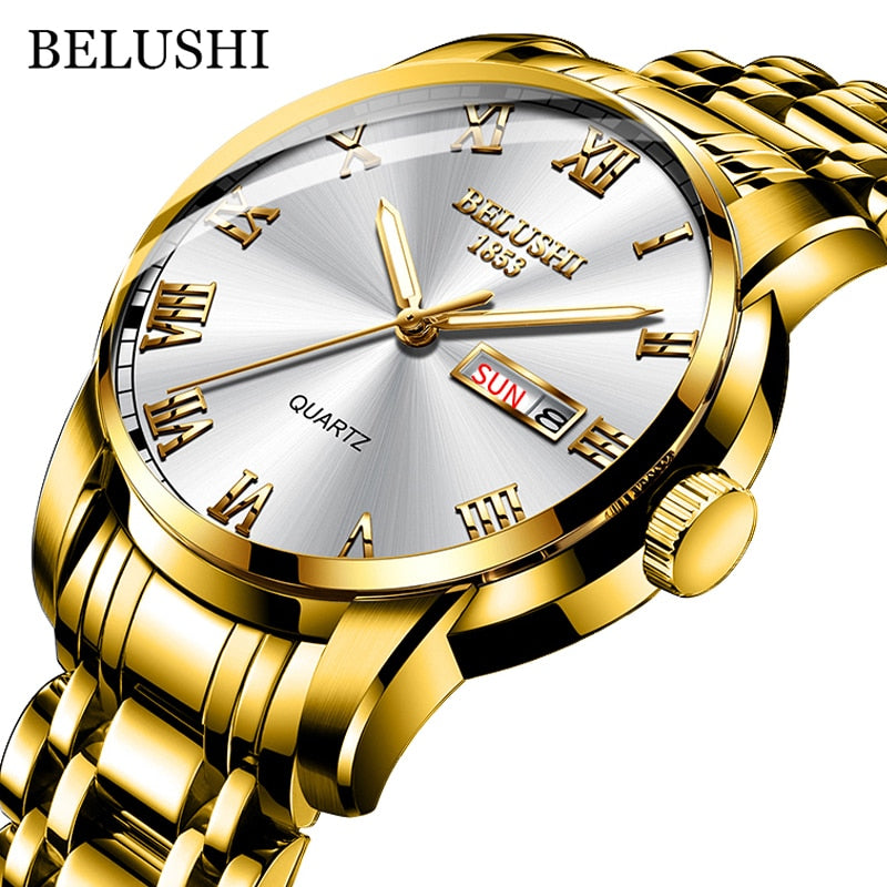 New Men Stainless Steel Business Date Clock Waterproof Luminous Watches Mens Luxury Sport Quartz Wrist Watch Golden White