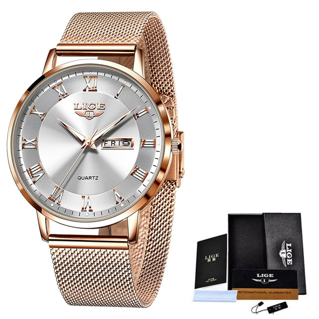 Women Watch Bracelet Quartz Clock Movement Simple Waterproof Rose Gold Stainless Steel Mesh Ladies Watches Rose gold white, China