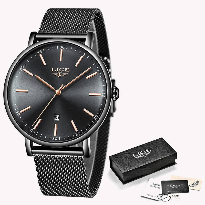 LIGE Womens Watches Top Brand Luxury Waterproof Watch Fashion Ladies Stainless Steel Wristwatch Casual Quartz Clock Reloj Mujer black