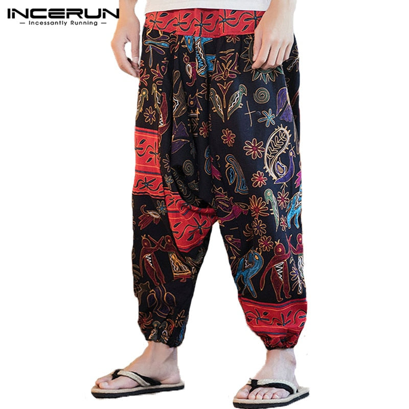 New Men Harem Pants Print Retro Drop Crotch Joggers Cotton Trousers Men Baggy Loose Nepal Style Men Casual Pants S 5XL S, Wine Red, Pack of 1