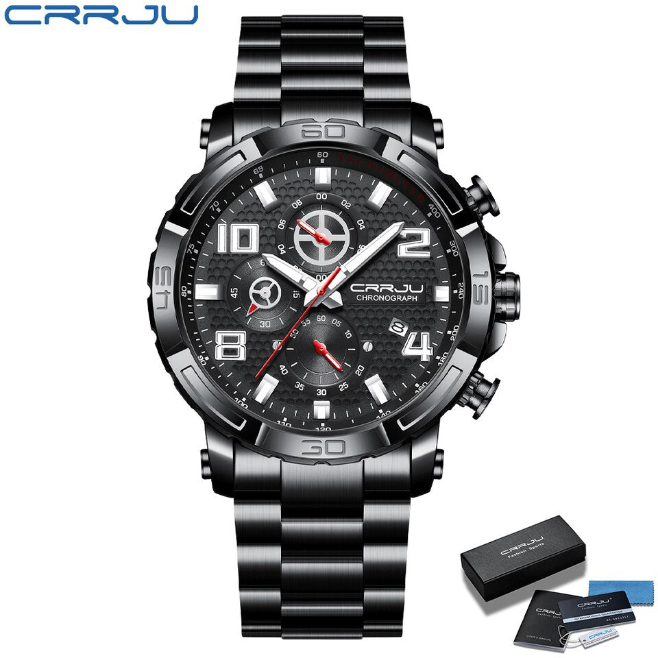 Men Watches Big Dial Waterproof Stainless Steel with Luminous hands Date Sport Chronograph Watches Relogio Masculino Black silver box