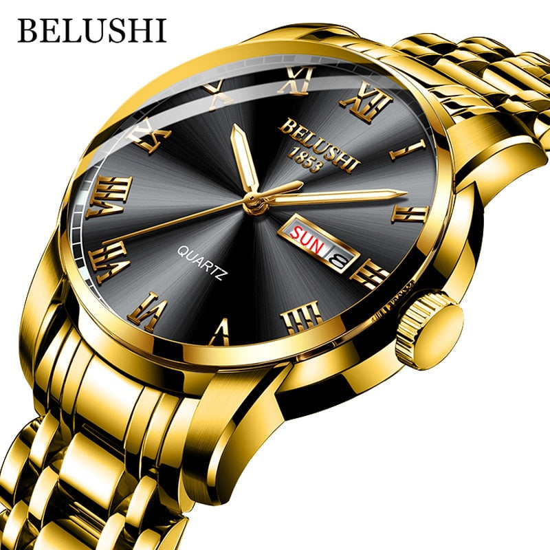 New Men Stainless Steel Business Date Clock Waterproof Luminous Watches Mens Luxury Sport Quartz Wrist Watch Golden Black