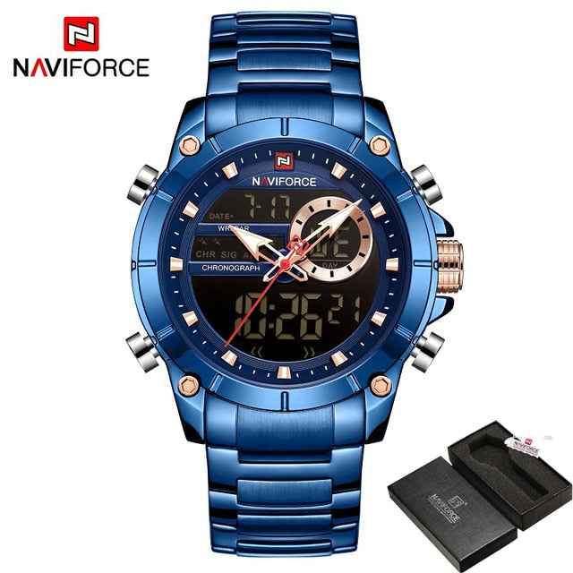 Casual Quartz Watch Men Stainless Steel Men Army Military Led Clock Male Waterproof Watches Blue Box