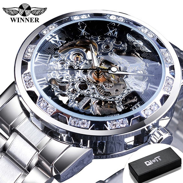 Winner Transparent Fashion Diamond Luminous Gear Movement Royal Design Men Top Brand Luxury Male Mechanical Skeleton Wrist Watch S1089-6