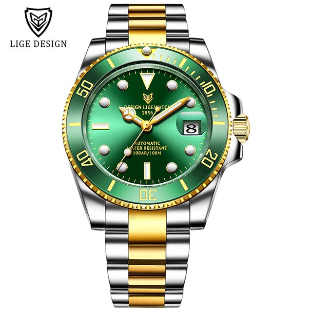 LIGE Men Watch 316L Steel Automatic Mechanical Tourbillon Clock Fashion 100M Waterproof Luminous Watches Automatic Movement Gold green