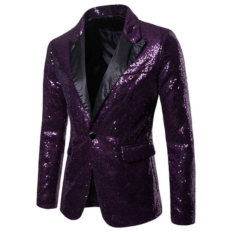 New Sequin One Button Shawl Collar Jacket Men Bling Glitter Nightclub Prom DJ Blazer XZ28 Purple, XL