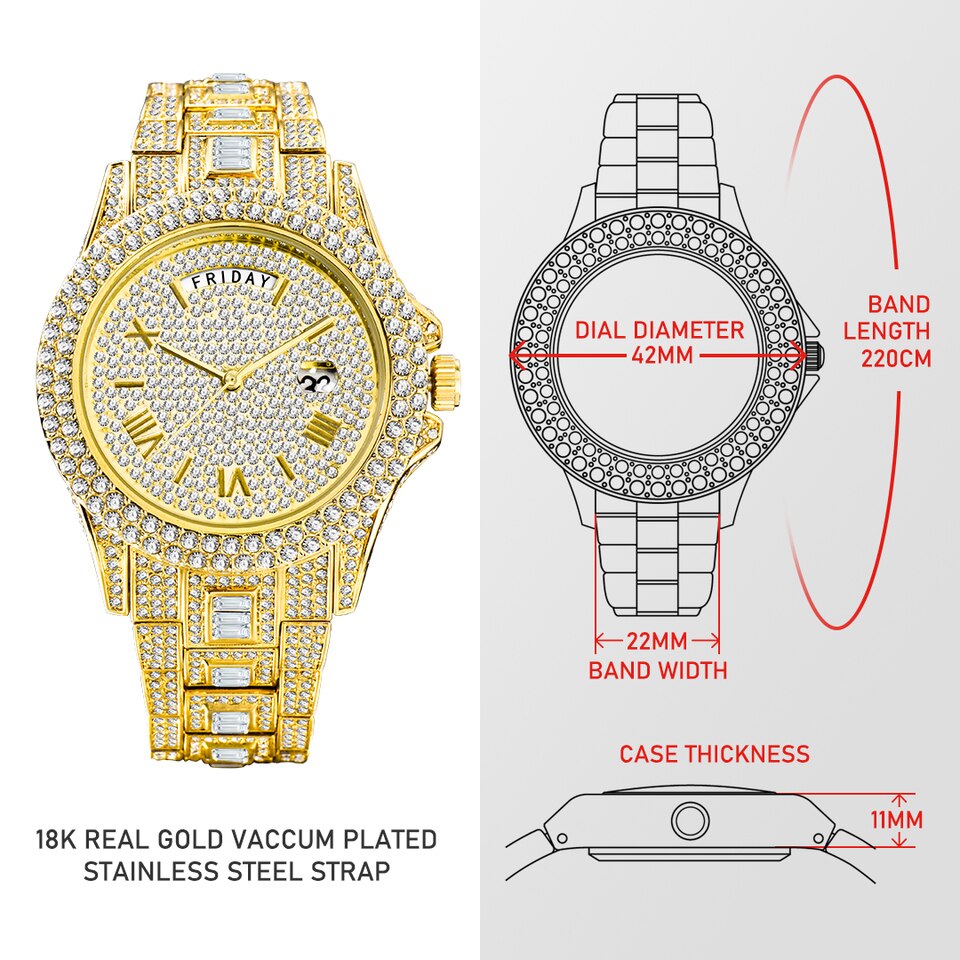 New Iced Out Watch For Men Luxury Gold Full Diamond Mens Watches Hip Hop Waterproof Day Date Clock