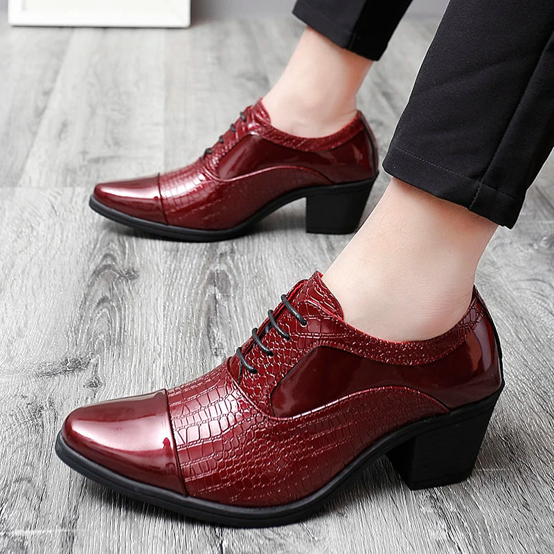 Black Oxford Shoes For Men Thick 6cm High Heels Patent Leather Casual Dress Lace Up Pattern Heighten Classic Wedding Party