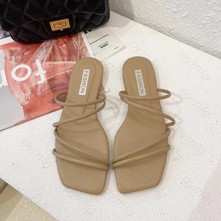 Slippers women summer Korean version new square-toe flat-heel candy color fashion outer wear sandals slippers