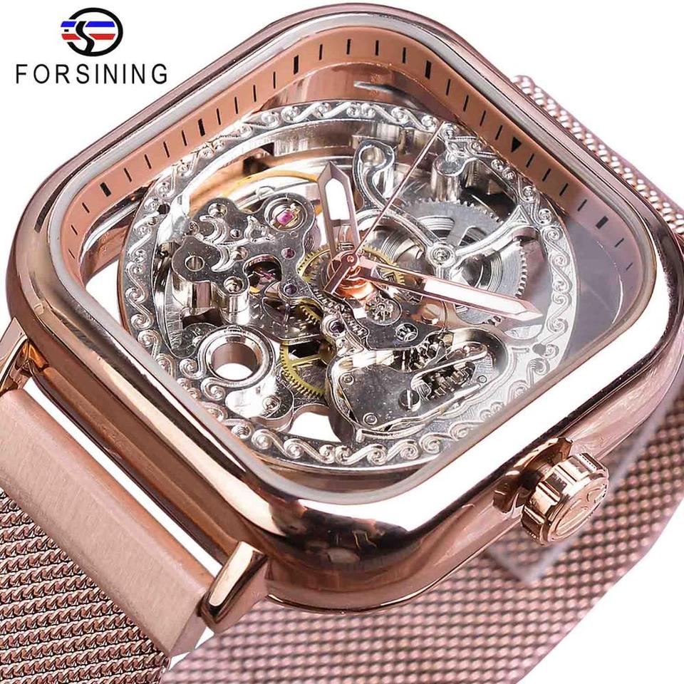 New Men Forsining Golden Automatic Watch Square Skeleton Mesh Steel Band Mechanical Business Clock Relogio Masculino Erkek Kol Saati