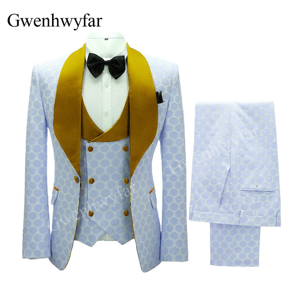 New Polka Dot Dress Suit for Men Custom Made Shawl Lapel Blazer Vest with Pants Fashion Wedding Tuxedos Groomsmen Wear image color 13, S