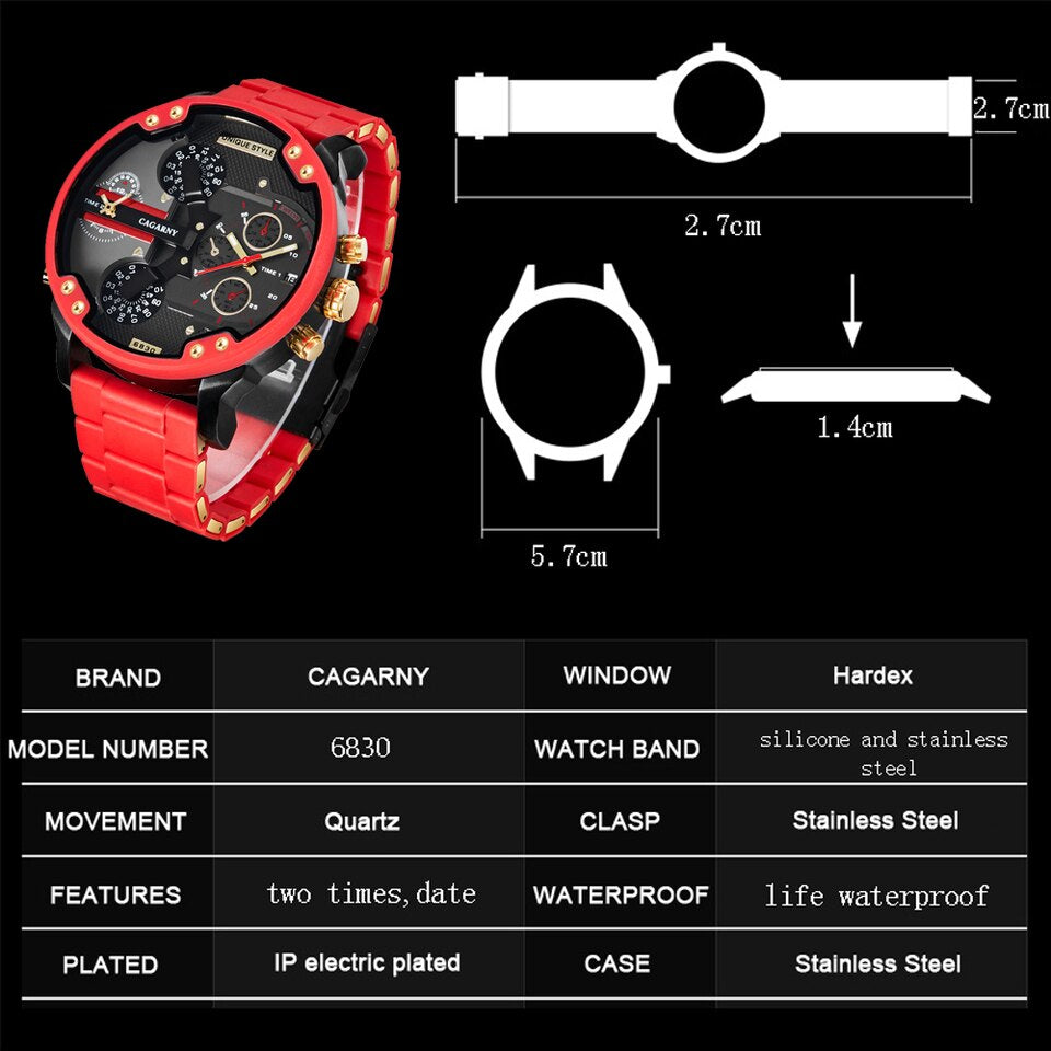 Gold Watch Men Luxury Brand Famous Dual Time Military Relogio Masculino 57mm 3D Large Case Quartz Mens Watches Red Male Clock