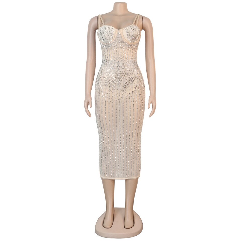 Sequin Glitter Crystal Midi Dress Vestido Women Sleeveless Strap Bodycon See Through Party Club Dresses Khaki, S, China