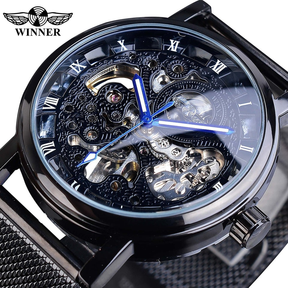 New Men Winner Transparent Golden Watch Luxury Casual Design Brown Leather Strap Mens Watches Top Brand Luxury Mechanical Skeleton Watch