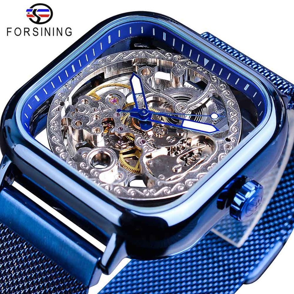 New Men Forsining Golden Automatic Watch Square Skeleton Mesh Steel Band Mechanical Business Clock Relogio Masculino Erkek Kol Saati