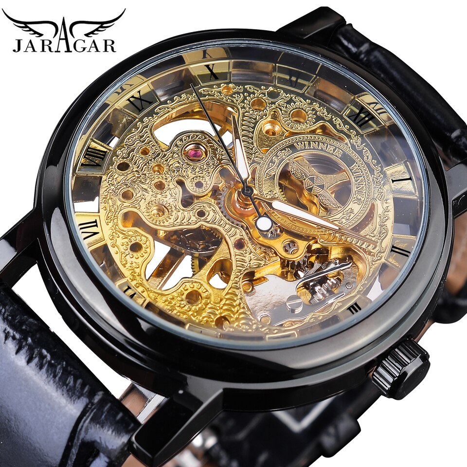 Winner Transparent Golden Case Luxury Casual Design Brown Leather Strap Mens Watches Top Brand Luxury Mechanical Skeleton Watch WIN358-8