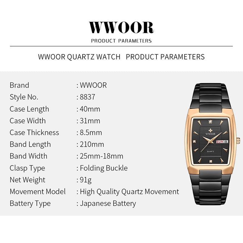 Men's Wristwatch  WWOOR Brand Luxury Quartz Watch Waterproof Business Male Date Clock Casual Fashion Black Relogio Masculino