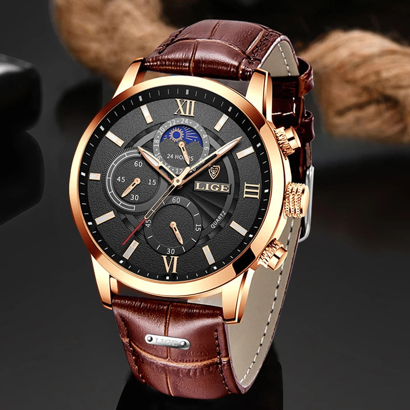 New Mens Watches LIGE Top Brand Luxury Leather Casual Quartz Watch Men Sport Waterproof Clock Watch Relogio Masculino+Box