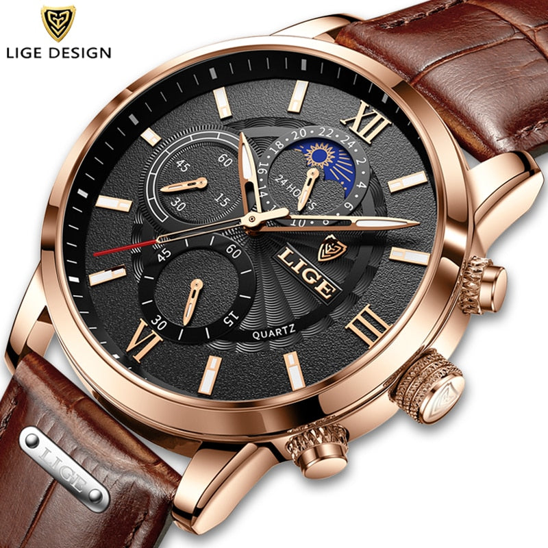 New Mens Watches LIGE Top Brand Luxury Leather Casual Quartz Watch Men Sport Waterproof Clock Watch Relogio Masculino+Box