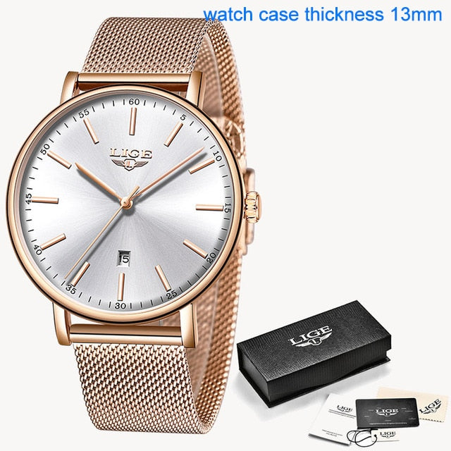 Women Watch Bracelet Quartz Clock Movement Simple Waterproof Rose Gold Stainless Steel Mesh Ladies Watches