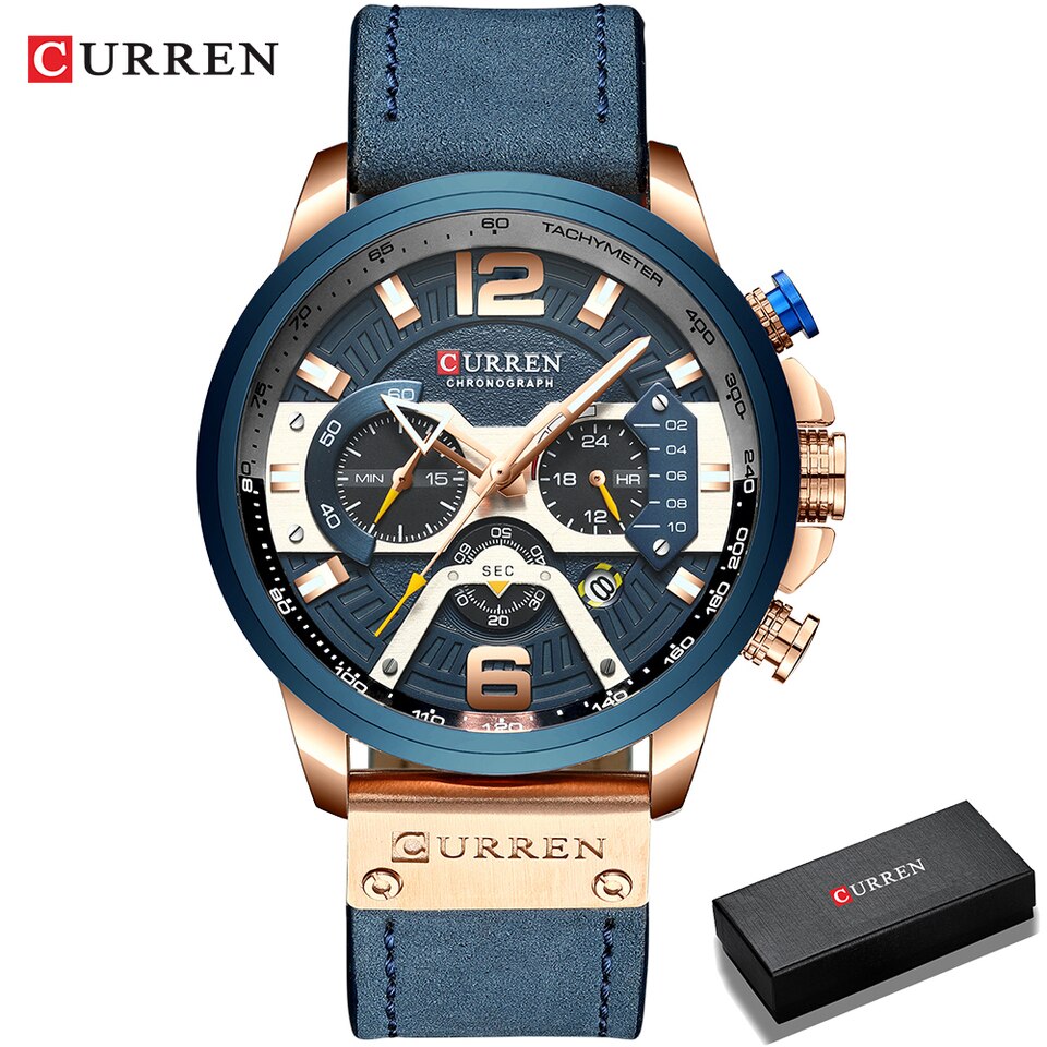 Men Watches Top Brand Luxury Blue Leather Chronograph Sport Watch For Men Fashion Date Waterproof Clock Reloj Hombre