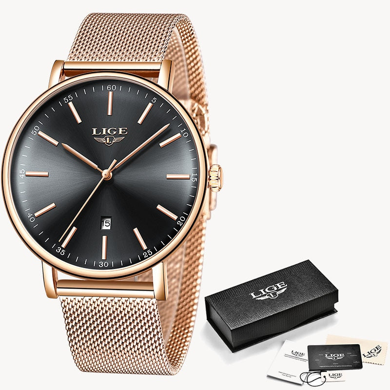 LIGE Womens Watches Top Brand Luxury Waterproof Watch Fashion Ladies Stainless Steel Wristwatch Casual Quartz Clock Reloj Mujer