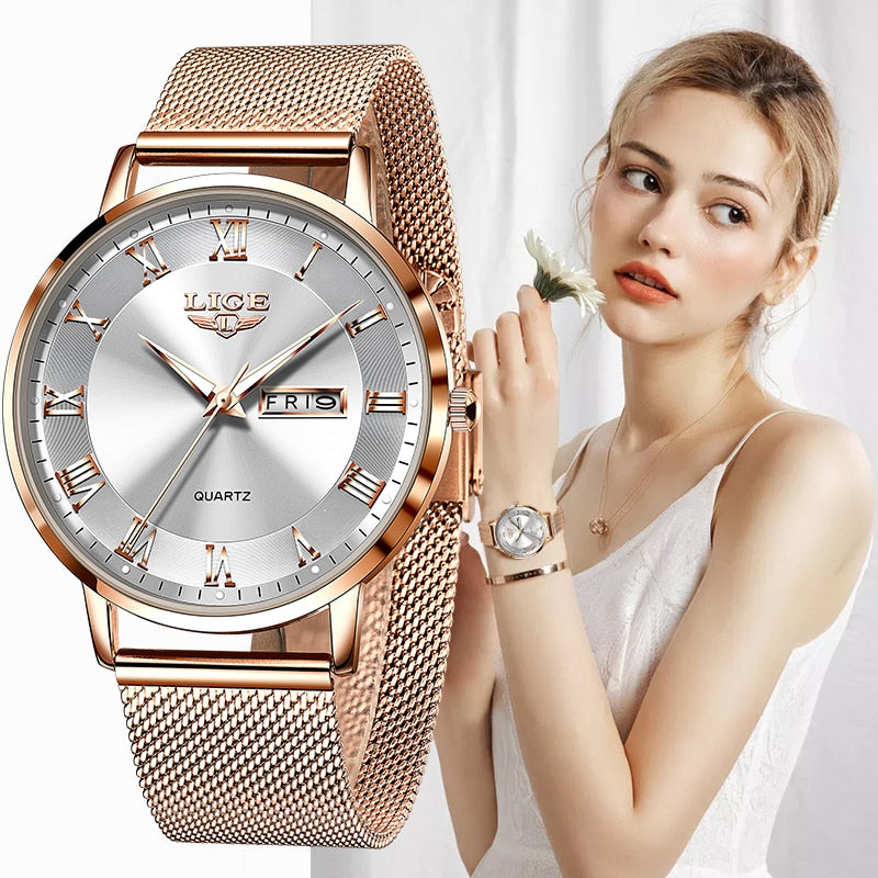 New LIGE Women Ultra Thin Watch Top Brand Luxury Watches Fashion Ladies Clock Stainless Steel Waterproof Calendar Wristwatch