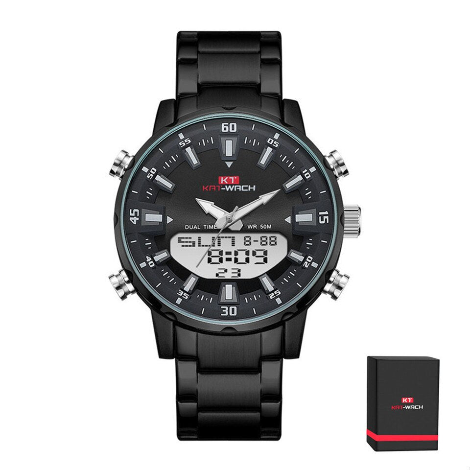 In Stock KAT-WACH Watch Male Sports Digital Watches Men Waterproof Steel Military Quartz Wristwatch For Men Relogio Masculino Steel Black Box