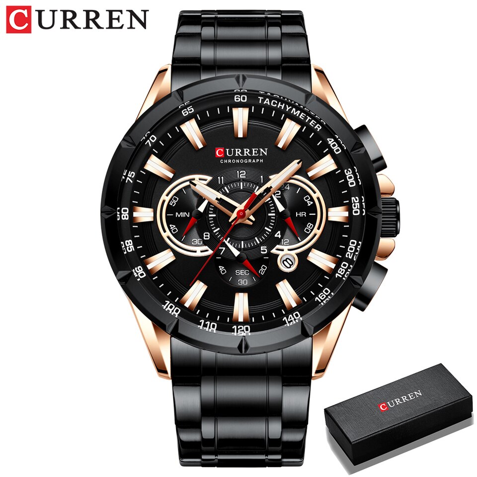 New Casual Sport Chronograph Men's Watches Stainless Steel Band Wristwatch Big Dial Quartz Clock with Luminous Pointers black box