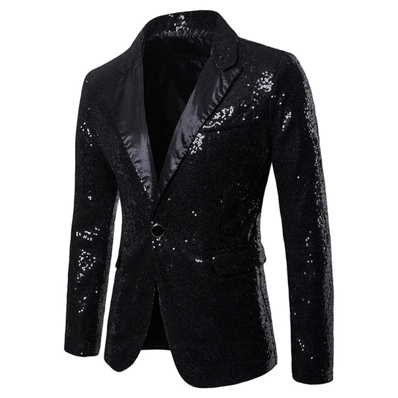 New Sequin One Button Shawl Collar Jacket Men Bling Glitter Nightclub Prom DJ Blazer XZ28 Black, M