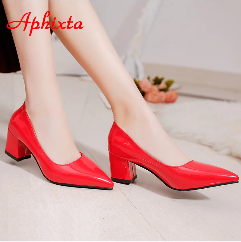 Square Heels Patent Leather Red Pumps Shoes Woman Classics Pointed Toe Dress Official Pumps Party Plus Size