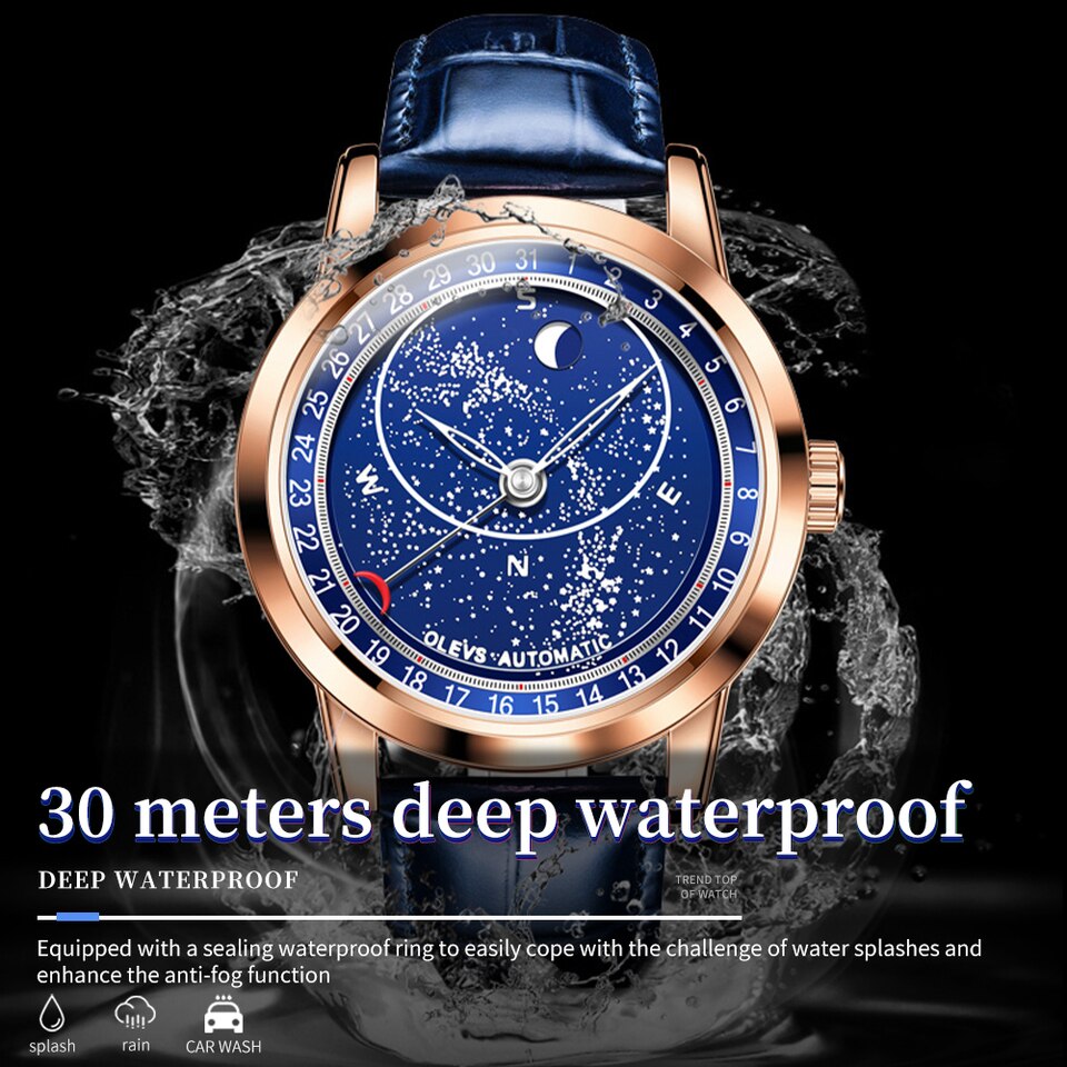 OLEVS Men Mechanical Watch 43.5mm Dial Rotating Watch Second Hand Luminous Star Men's Watch Hombres Mecánico Superficie 9923