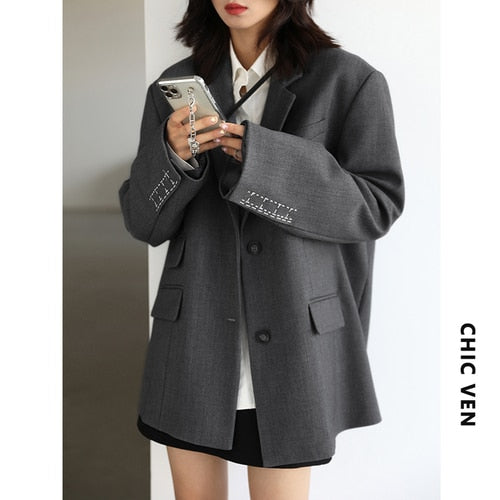 New Women Office Lady Blazer Cuff Embroidery Wide Shoulder Twill Suit Women Autumn Ladies Outerwear  Stylish Tops Gray, S