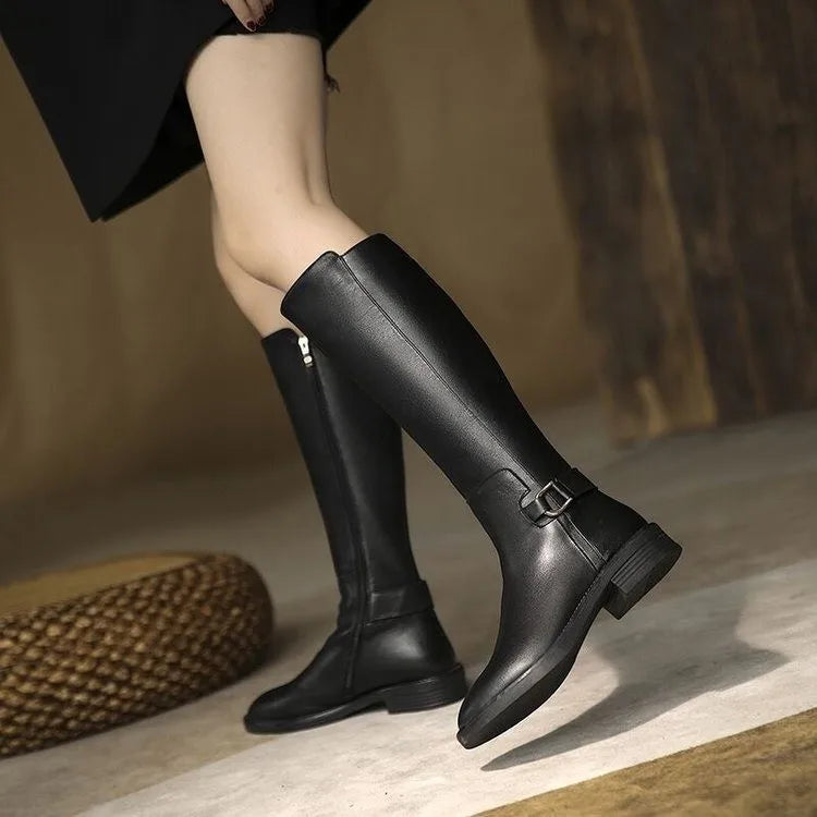 New Pu Leather Knee Boots for Women Shoes Buckle Metal Decoration Fashion Outdoor Ladies