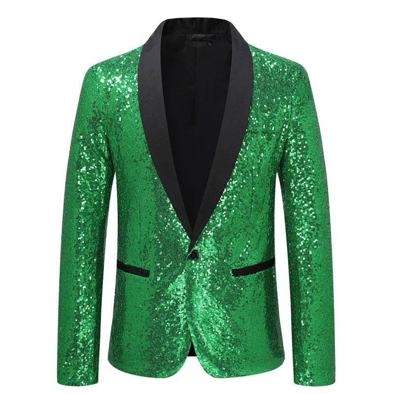 New Shiny Sequin Glitter Embellished Tuxedo Suit Jacket Men One Button Shawl Collar Blazer X51 Green, XXL