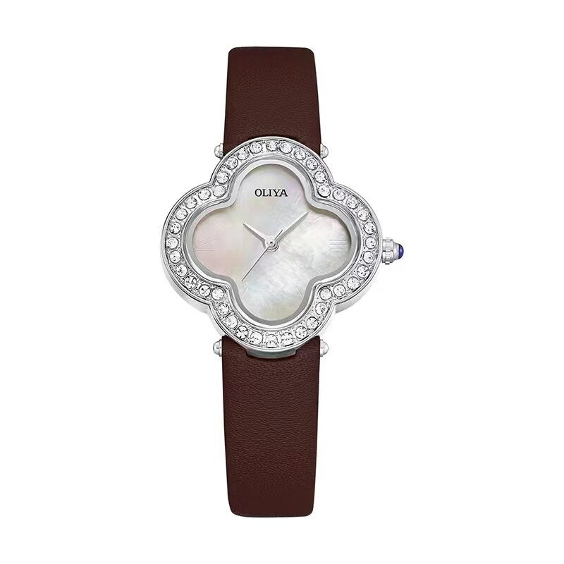 Lucky Girl Watch Leather Strap Diamond Craft Ladies Gift Hope Faith Pearl shell Ladies Quartz Watch Montres pour femmes Siver shell coffee