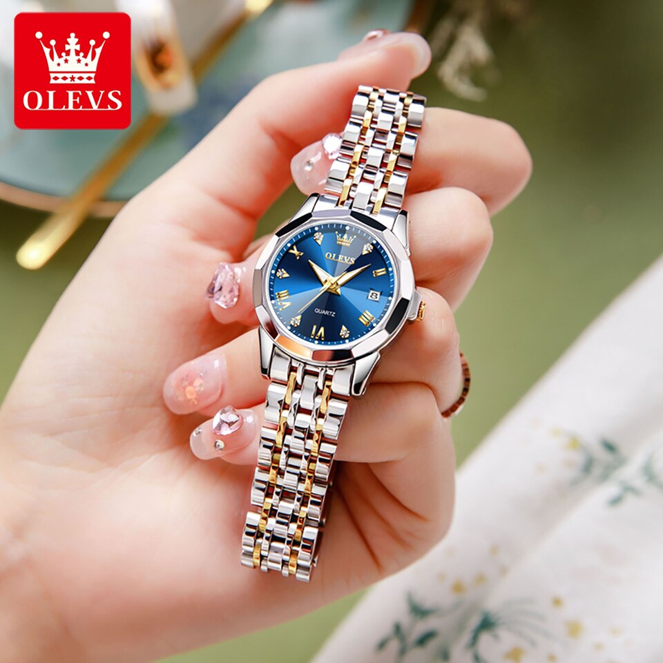 OLEVS Quartz Watch for Women Solid Stainless Steel Strap Rhombus Design Elegant Ladies Wristwatch Bracelet Necklace Gift Box Set