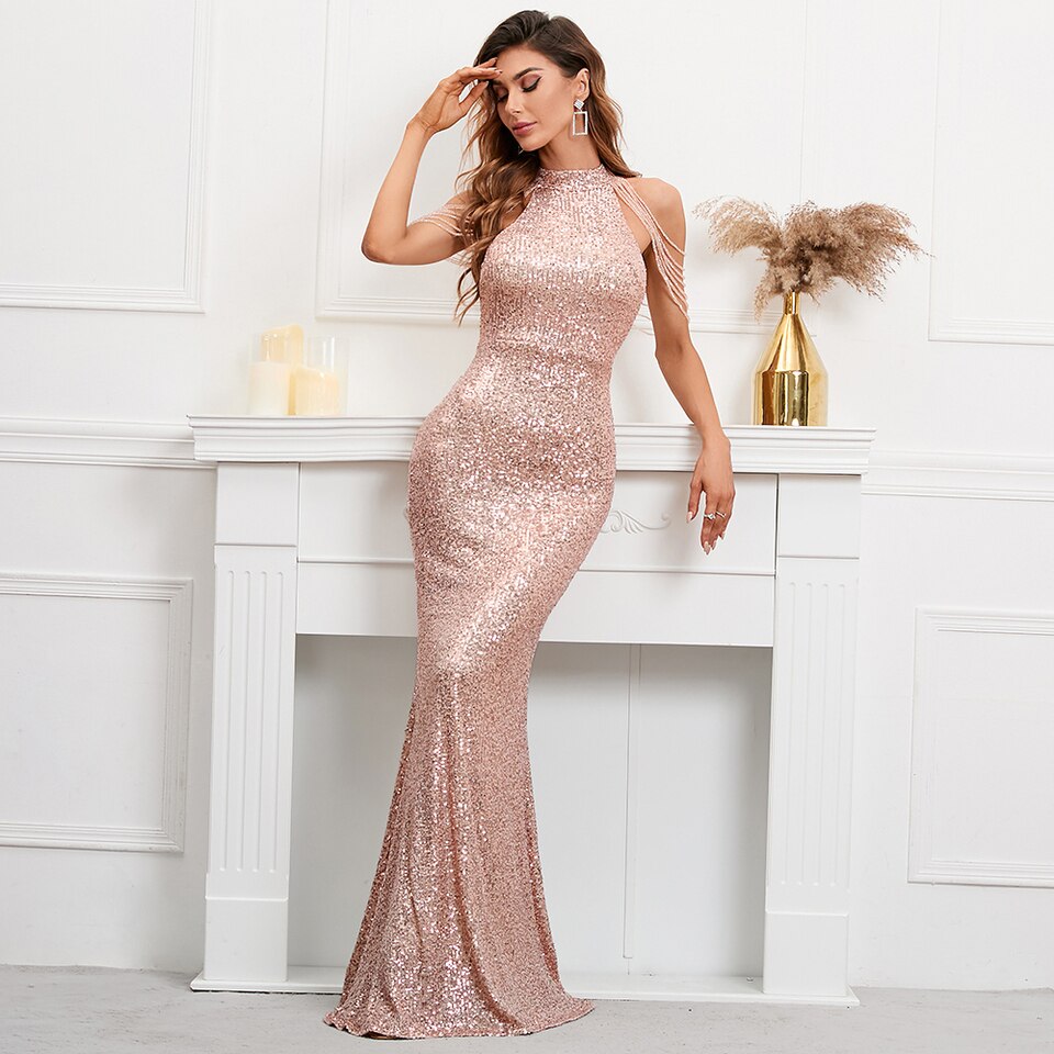 New Elegant Off Shoulder Beading Sequin Evening Dress Women Gold Party Bodycon Maxi Dress Long Prom Dress 18098 Long Gold, M