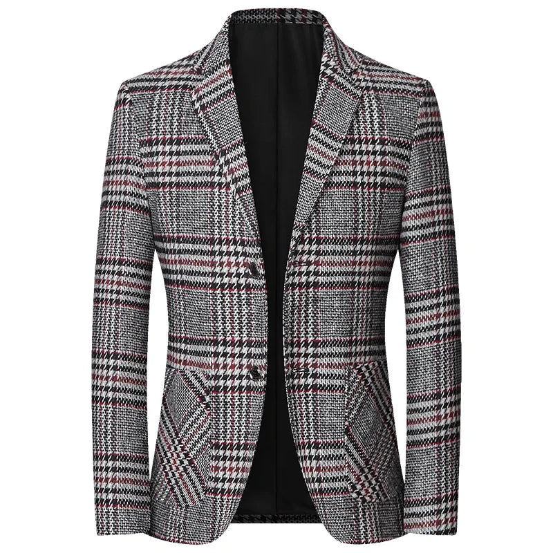 New Men Plaid Business Casual Blazers Spring Autumn High Quality Slim Jackets Red, L 175 CN Size