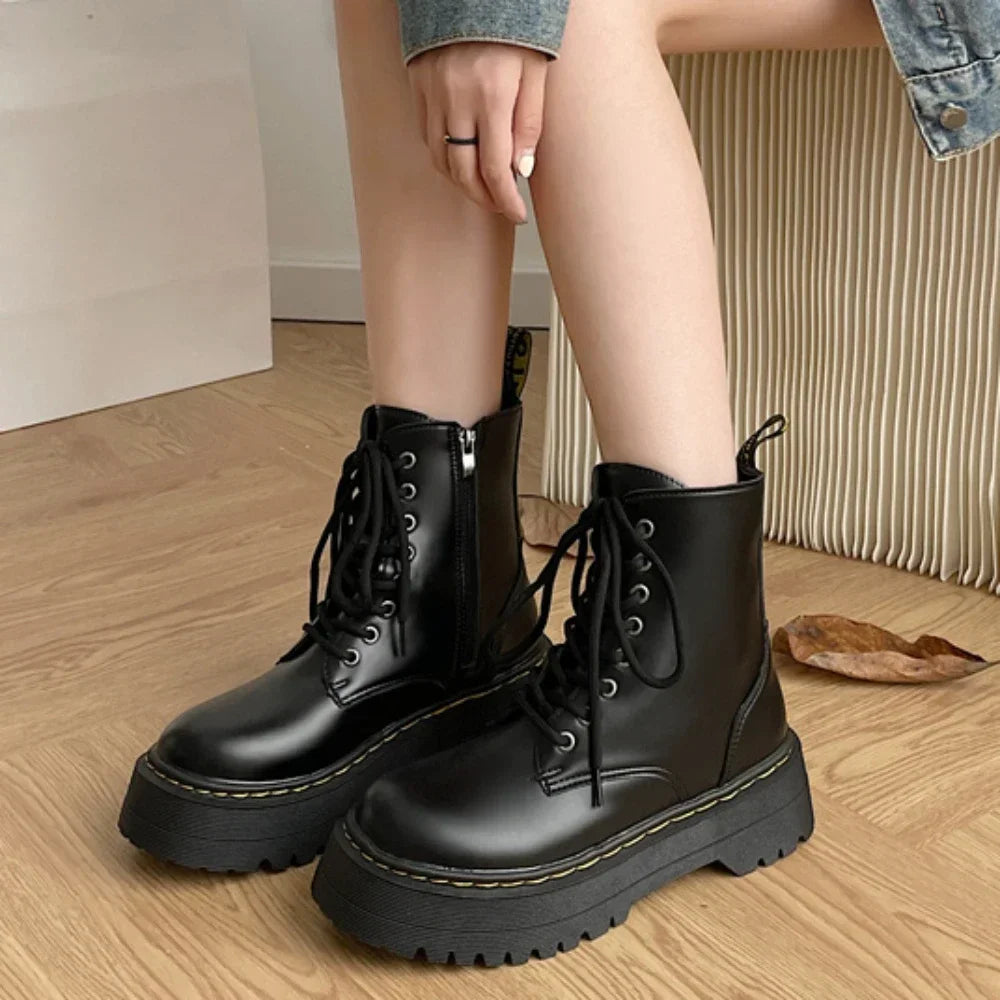 Women Martin Boots Casual Shoes Woman Leather Chelsea Ladie Classic Punk Female Goth Shoes High Platform Boots Women Botas Mujer