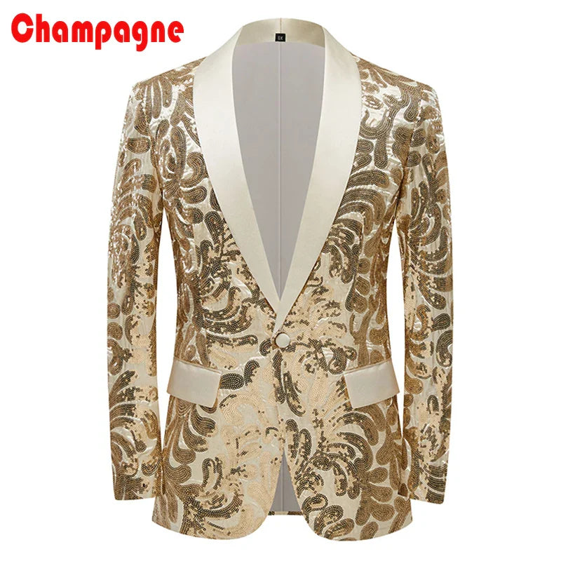 New Men Shiny Sequins Blazer Floral One Button Shawl Lapel Tuxedo Blazers Party Wedding Champange, US XXXL