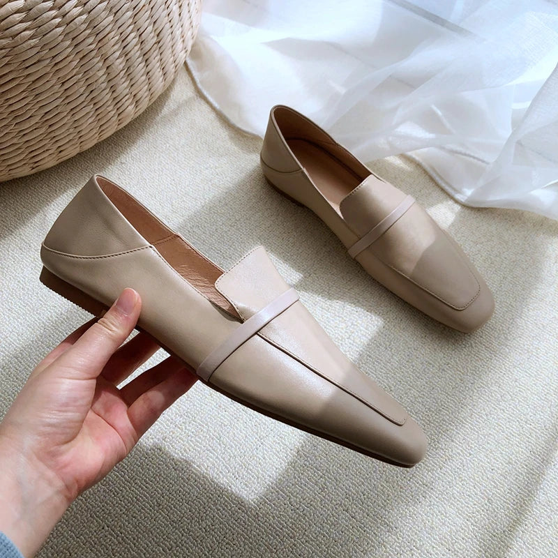 Cow Leather Square Toe Women Flats Casual Loafers Women Shoe Without Heel Spring Autumn Mules Woman Simple White Shoes