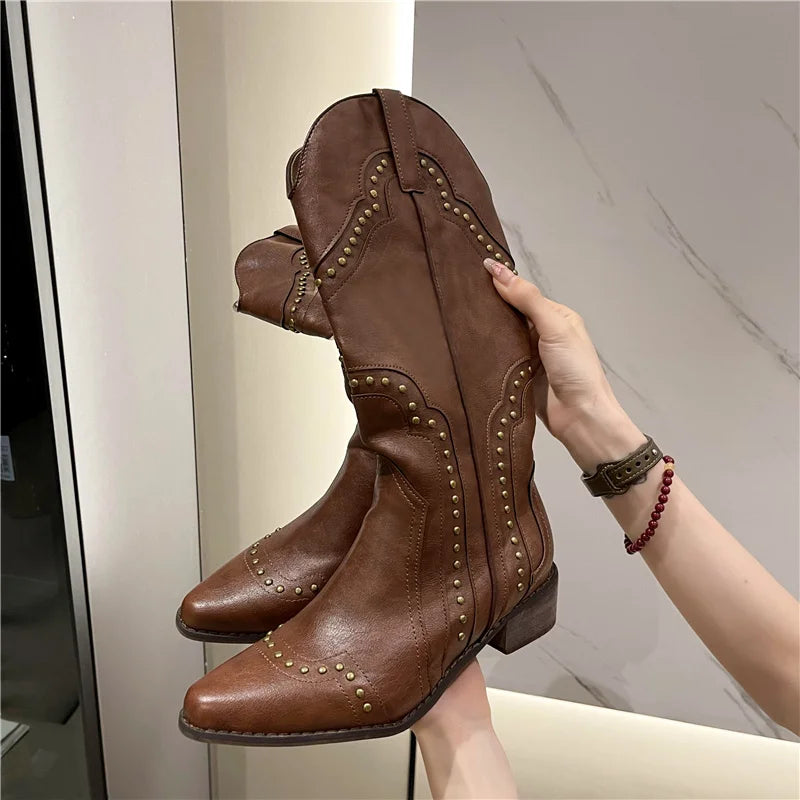 Studded Boots Women Low Heel Cowboy Chelsea Western Short Leather Knee High Luxury Designer Gothic New Rock Shoes Vintage