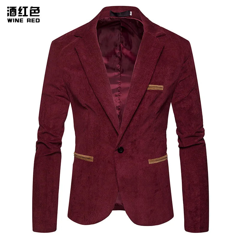 New Men Leisure Corduroy Blazers Patchwork Single Button Casual Slim Wine Red, M