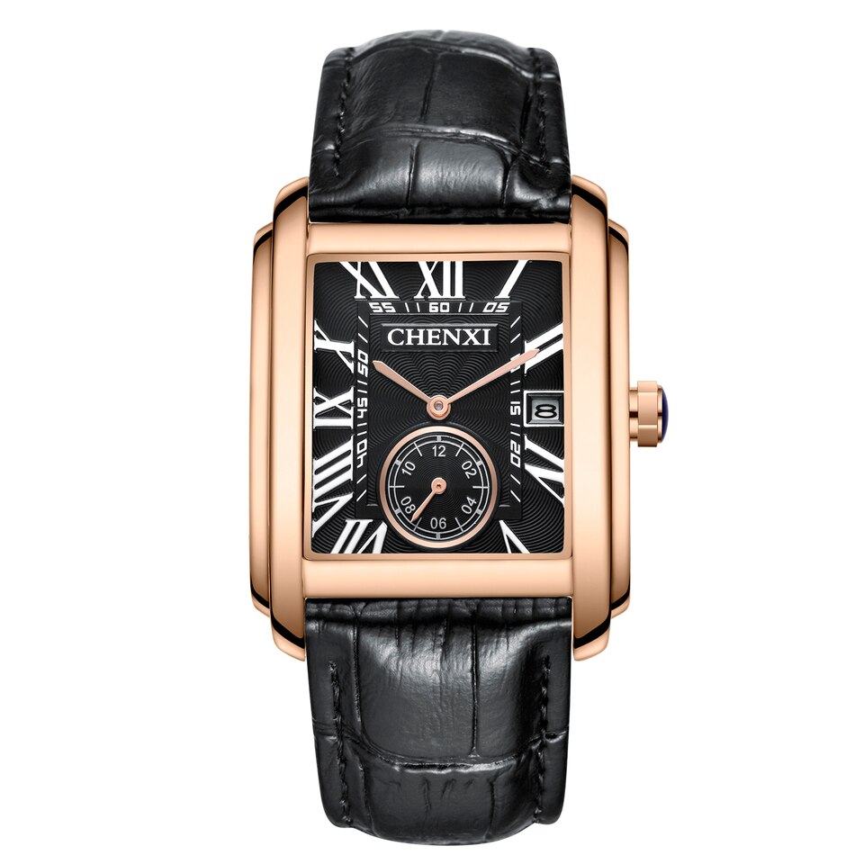 Top Luxury Brand Square Mens Wrist Watches Unique Design Rose Gold Calendar Stop Watch Genuine Leather Quartz Business Male Clock