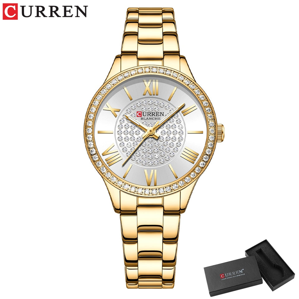 Rhinestones Rose Dial Fashion Watches with Stainless Steel Band New Quartz Wristwatches for Women